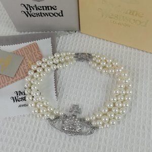 Vivienne Westwood Three Row Pearl Bas Relief Choker in Silver